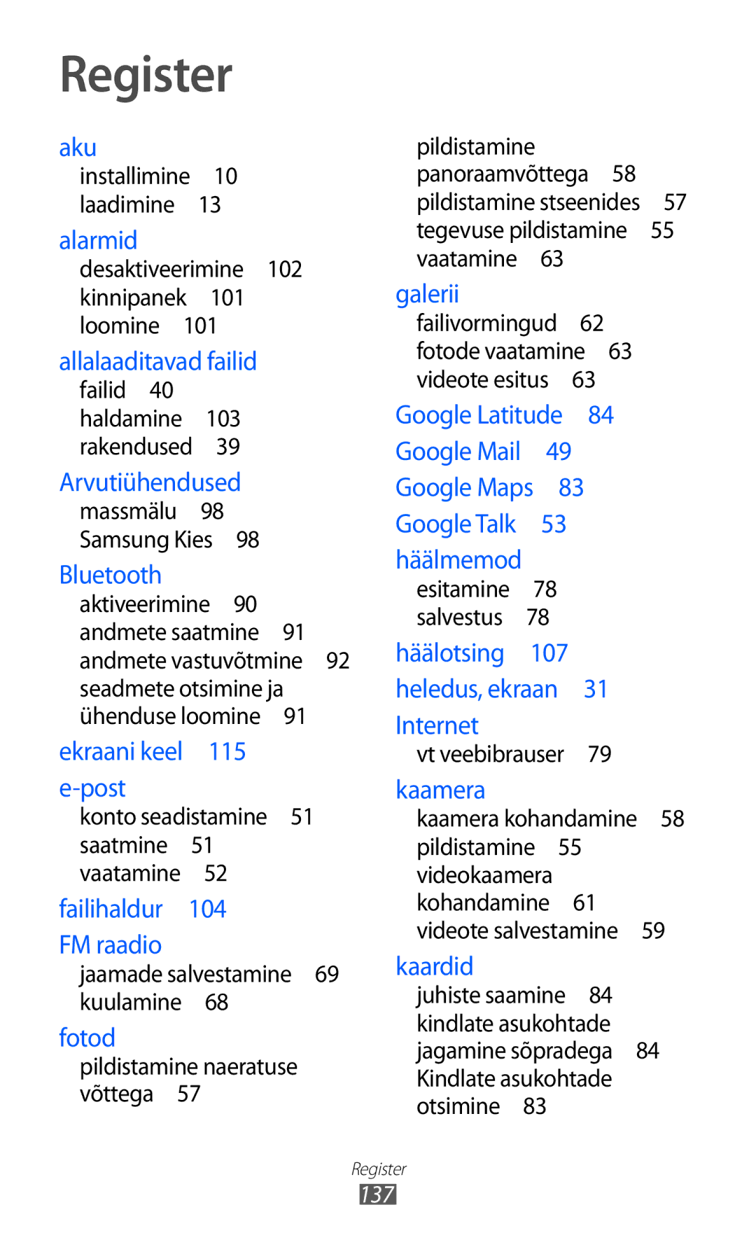 Samsung GT-S5690KOASEB manual Register, Desaktiveerimine 102 kinnipanek 101 loomine , Vt veebibrauser , 137 